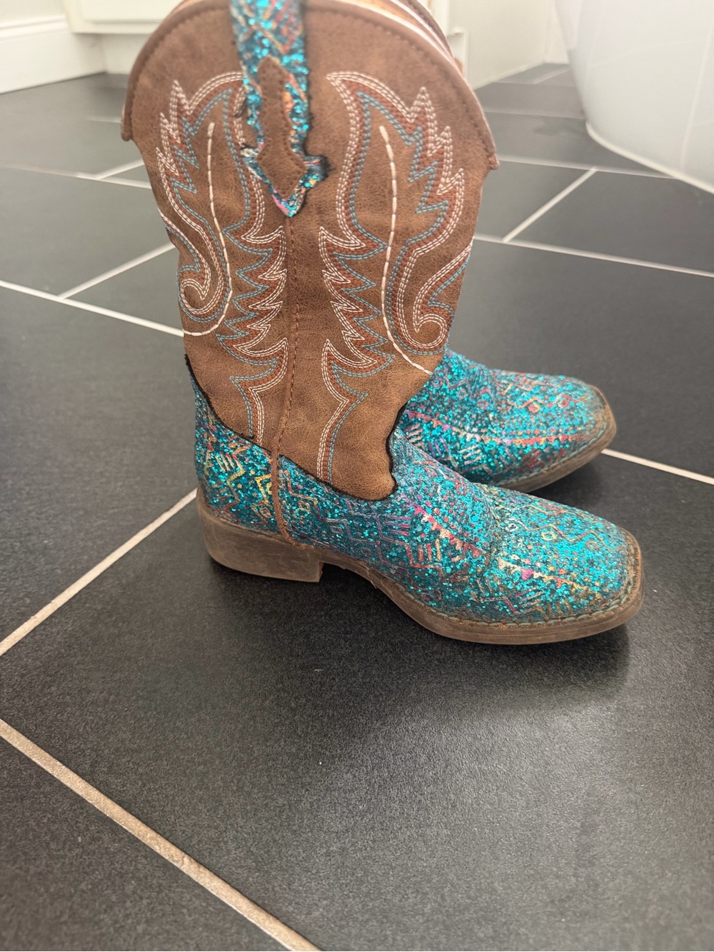 Roper Girls Toddler Size 12 Blue Glitter Southwestern Square Toe Cowboy Boots
